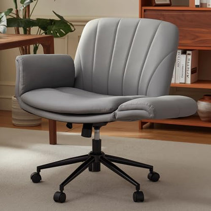 Dowinx Criss Cross Chair with Five-Level Adjustable Arms and Wheels - Comfortable Ergonomic PU Leather Swivel Vanity Chair - Computer Makeup Gaming Chair for Home Office,Bedroom,Vanity Room-Light Grey - color: Light Grey