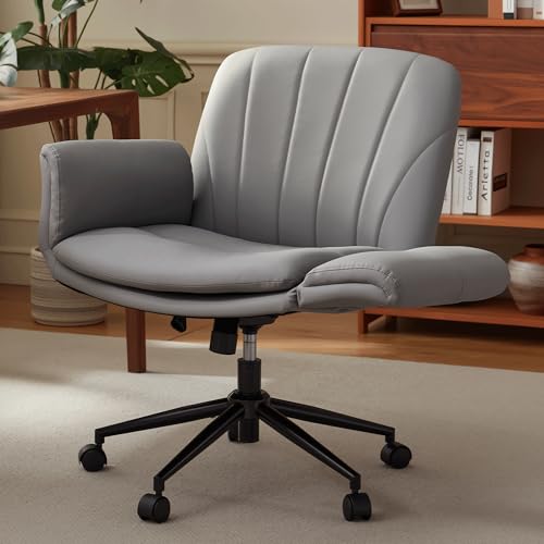 Dowinx Criss Cross Chair with Five-Level Adjustable Arms and Wheels - Comfortable Ergonomic PU Leather Swivel Vanity Chair - Computer Makeup Gaming Chair for Home Office,Bedroom,Vanity Room-Light Grey - color: Light Grey