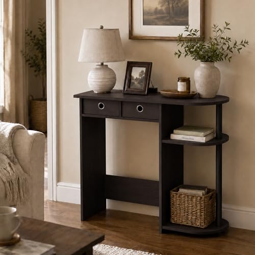 Furinno Jaya 32-Inch Black Entryway Table with 2 Fabric Drawers, Console Table with Open Shelves, Behind Sofa Couch Tables, for Living Room, Entryway, Hallway, Dark Walnut - color: Dark Walnut