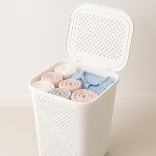 24 Inch Plastic Laundry Hamper with Hinged Lid – Space-Saving Rectangular Clothes Basket, Ventilated Design, Lightweight Laundry Organizer for Bedroom, Bathroom & Closet, White