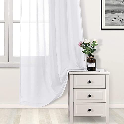 DWCN White Faux Linen Sheer Curtains - Grommet Voile Window Curtain Drapes for Bedroom Living Room 42 x 84 inch Length, Set of 2 - color: White, size: 42"W x 84"L (Pack of 2)