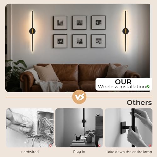 Rechargeable Wall Light 28.3" Detachable 360°Rotation with Remote Set of 2 | Battery Operated Wall Sconces 3000-6500K LED Wall Lamp for Bedroom Hallway 10000mAh Black Gold - color: Black-Round Base, size: 2 Pack
