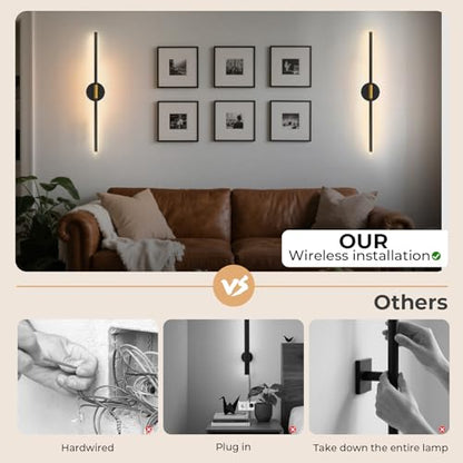 Rechargeable Wall Light 28.3" Detachable 360°Rotation with Remote Set of 2 | Battery Operated Wall Sconces 3000-6500K LED Wall Lamp for Bedroom Hallway 10000mAh Black Gold - color: Black-Round Base, size: 2 Pack