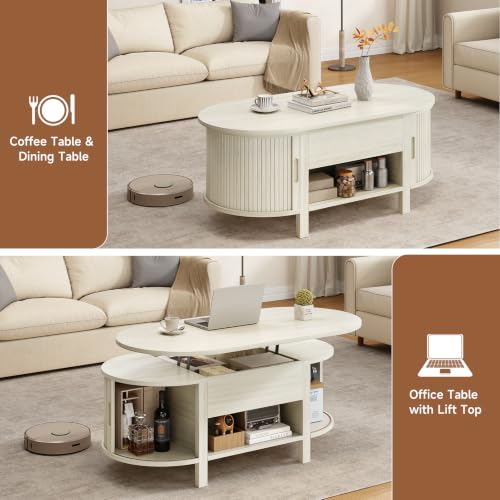 43.3" Oval Lift Top Fluted Coffee Table with Sliding Door, Natural | Mid-Century Modern Fluted Coffee Table with Lift Tabletop & Multi-Storage Spaces, Dining Table for Living Room, Home Office - color: Natural