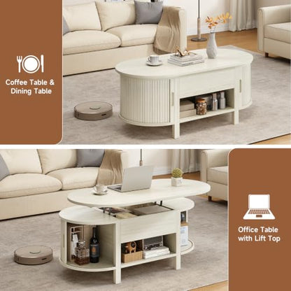 43.3" Oval Lift Top Fluted Coffee Table with Sliding Door, Natural | Mid-Century Modern Fluted Coffee Table with Lift Tabletop & Multi-Storage Spaces, Dining Table for Living Room, Home Office - color: Natural