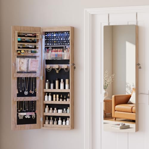 HNEBC Jewelry Cabinet with Lights,Wall Mounted Jewelry Organizer with Full-Length Mirror,Over The Door Hanging Jewelry Armoire Storage Cabinet,Lockable,Gift Idea-Brown - color: 21-Brown
