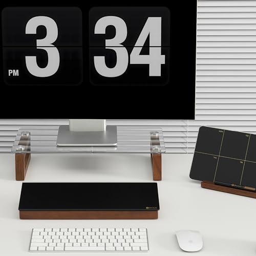 YEOUX Multi-Purpose Desktop Stand, Clear Floating Computer Monitor Riser with Natural Wood Base, Desk Organization Shelf for Printer, Laptop, Audio Device, Flat Screen - color: Walnut&Clear