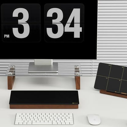 YEOUX Multi-Purpose Desktop Stand, Clear Floating Computer Monitor Riser with Natural Wood Base, Desk Organization Shelf for Printer, Laptop, Audio Device, Flat Screen - color: Walnut&Clear