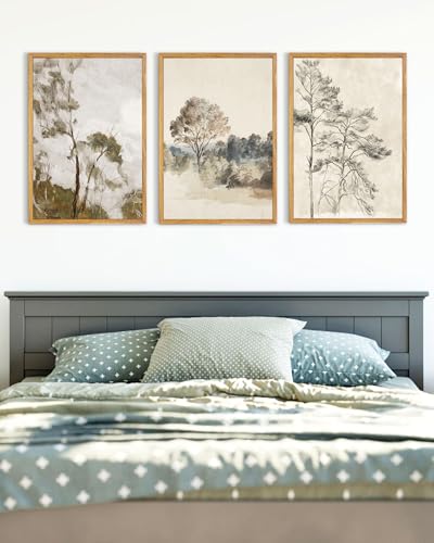 UPWOIGH Neutral Landscape Framed Wall Art, 16 x 24 Inch, Set of 3 | Muted Tree and Countryside Prints, Soft Beige and Gray Tones, Light Wood Frames for Bedroom, Office and Living Room - color: Grey, size: 24"L x 16"W