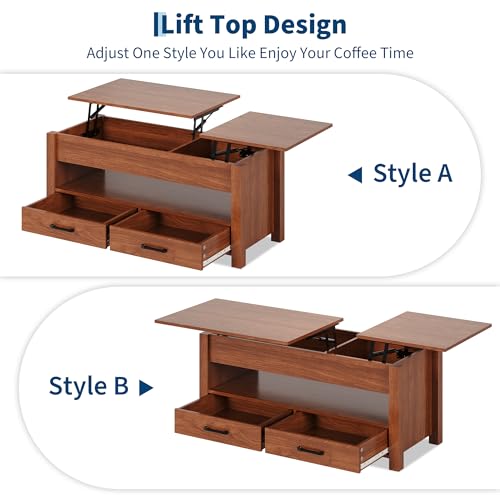 Multifunctional Lift Top Coffee Table, Convertible Wooden Coffee Table with 2 Drawers & Hidden Compartment, Storage Center Table for Living Room Home Office,Brown - color: Brown