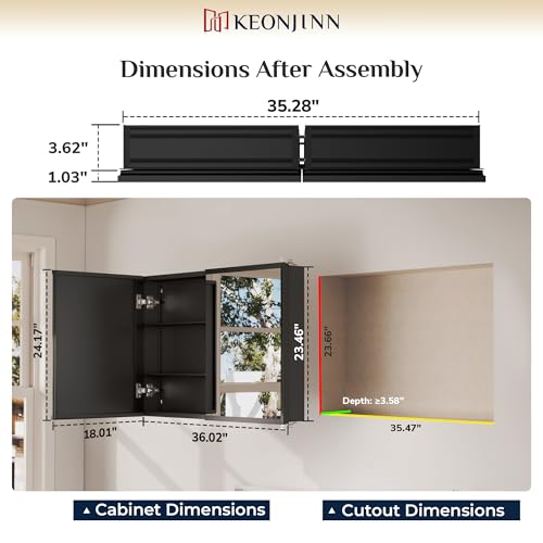 Keonjinn Black Medicine Cabinet Mirror 36 x 24, 2 Door, Assembly Needed | Stepless Adjustable Shelves, Lightweight Aluminum, Rust-Resistant, Surface Mount or Recessed Bathroom Mirror with Storage - color: Black, size: 36x24 In