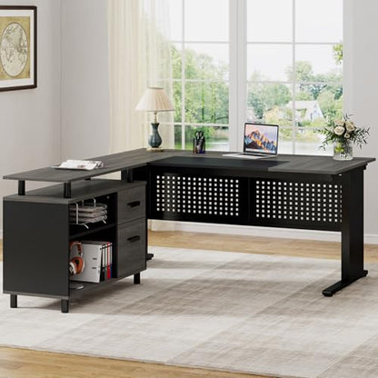 Tribesigns 63 Inch Executive Desk with File Cabinet, Large Office Desk | L Shaped Desk with File Drawer, Computer Table Desk with Storage, Large Desk for Home Office, Easy Assembly, Gray and Black - color: Gray and Black