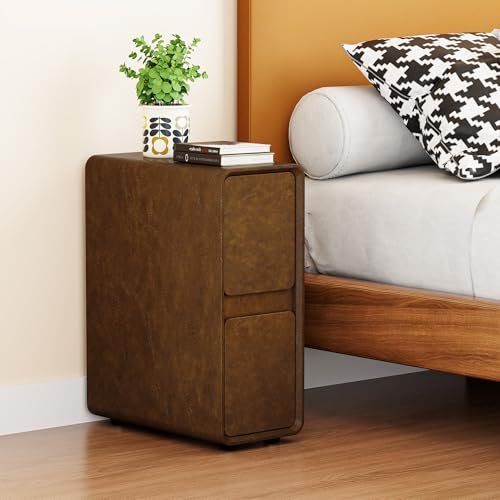 7.8" W Leather Narrow Nightstand Set of 2, Modern Fully-Assembled Bedside Table with 2 Drawers, White Night Stand Small Accent End Table & Side Table for Bedroom, Brown - color: Brown Set of 2, size: 8in