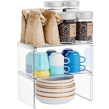 2 Pack Acrylic Cabinet Organizer,2 Tier Stackable Shelves for Cabinets,RV Pantry Organization,Counter Space Saver Desk Organizers,Cupboard Shelf and Cabinet Stand & Risers for Mug,Cup,Dish