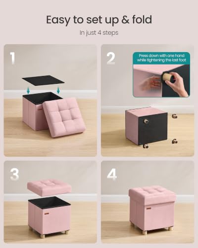 SONGMICS Small Storage Ottoman, Folding Ottoman Cube, 15 x 15 x 15.7 Inches, Footstool, Footrest, 10 Gal. (37 L), Velvet Surface, for Bedroom, Living Room, Dorm, Jelly Pink ULSF0516R01 - color: Jelly Pink