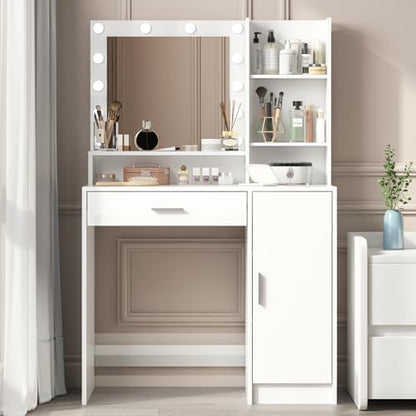 Palimder Vanity Desk with Mirror & Light, Large Drawer Three Level Storage Dresser, 3 Lighting Modes Adjustable Brightness, Bedroom Dressing Table - color: Purewhite