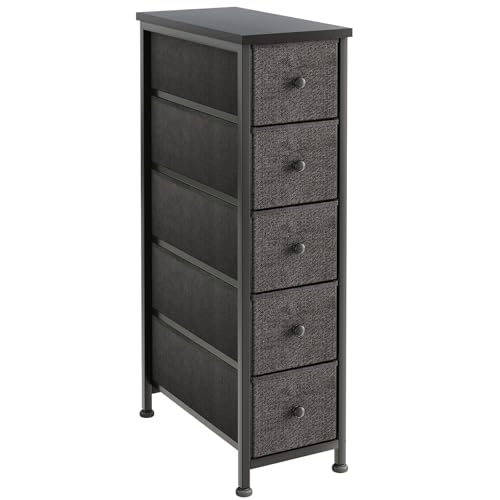 Narrow Dresser, 19" Wide Narrow Nightstand Dresser Storage Tower with 5 Drawers, Slim Fabric Dressers Chest of Drawers for Small Spaces, Wood Top & Fabric Bins for Bedroom Bathroom Closet (Black) - color: Black
