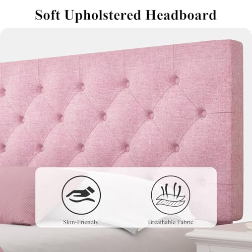 HOMBCK Queen Bed Frame, Pink Upholstered Bed Frame Queen with Headboard, Wood Slats Support, Linen Fabric, Button Tufted Design, No Box Spring Needed, Pink - color: Pink, size: Queen