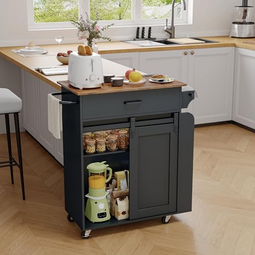 Kitchen Island with Storage, Mobile Kitchen Cart with Charging Station, Kitchen Island on Wheels, Rolling Island Table with Sliding Cabinet Door, Black and Rustic Brown ZD01UBR - color: Rustic Brown + Black