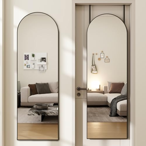 48"x 14" Arched Full Length Door Mirror, Full Body Mirror, Black | Aluminum Alloy Thin Frame Over the door Mirror, Leaning/Hanging/Wall-Mounted, Suitable for Bedroom, Livingroom, Cloakroom - color: Black-arched, size: 48"L x 14"W