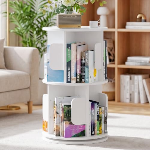 2-Tier 360° Rotating Bookshelf, Round Floor Standing Bookcase with Space Saving Design, Open Storage Shelf for Bedroom, Living Room, Home Office,White - color: White, size: 2 Tier