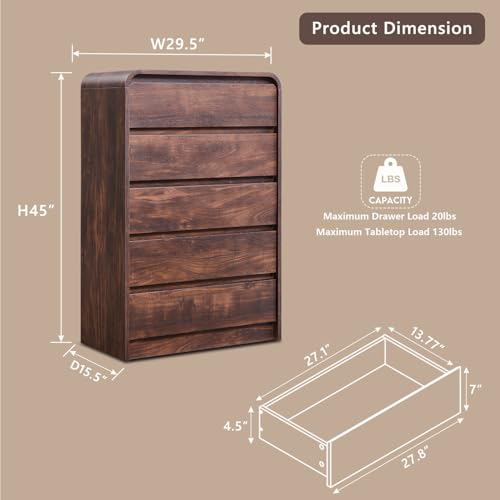 Aitjunz Modern 5 Drawers Dresser for Bedroom, 45" Tall Dressers & Chests of Drawers w/Curved Profile Design, Wood Mid Century Vertical Dresser w/Natural Texture for Bedroom, Living Room, Brown - color: Brown, size: 15.5"D x 29.5"W x 45.3"H (5 Drawers)