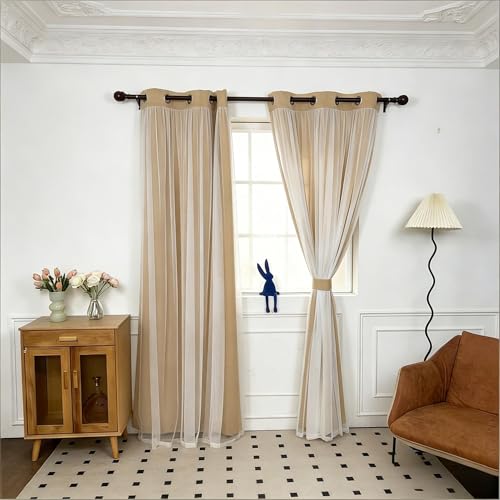 INLINAS Blackout Curtains with Sheer Overlay, Gold, 37x72 Inches | Grommet Top Double Layer Curtains for Bedroom and Living Room Thermal Reduction Light Blocking and Energy Saving, Set of 2 - color: Gold, size: 37"W x 72"L (Pack of 2)