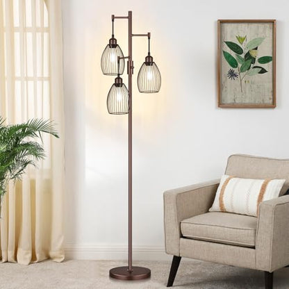 Torondo Dimmable Farmhouse Industrial Floor Lamp, Matte Brown Tree Standing Tall Lamps with 3 Elegant Teardrop Cage Head & 800 Lumens LED Edison Bulbs for Living Room Bedroom Office Dining Room - color: Matte Brown-70 inches