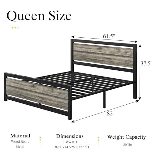Queen Bed Frame with Headboard, Queen Metal Platform Bed Frame with Steel Slat Support, 10.5 in Storage Clearance, No Box Spring Needed, Easy Assembly, Wash Grey - color: Wash Grey, size: Queen