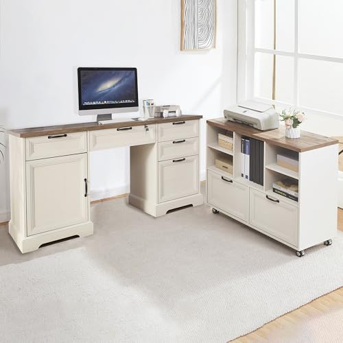 60" Farmhouse Executive Desk with 40" Mobile File Cabinet,L Shaped Desk Set with Charging Station,Office Desk with Storage Drawers,Wood Computer Desk Set for Office Work,Home Study - color: White