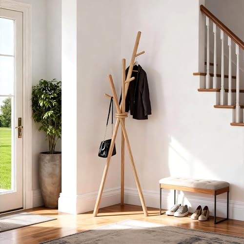 VICITON Wooden Coat Rack, Tripod Coat Tree Freestanding with 3 Hooks for Clothes, Hats and Handbags, Coat Hanger Stand for Bedroom, Living Room, Entryway (Light) - color: Light