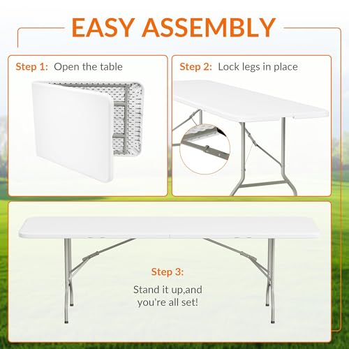 Elevon 8 Feet Heavy Duty Folding Table with Adjustable Height, Fold-in-Half Portable Table for Indoor Outdoor Use - Camping, Picnic, Party, Wedding, Dining, Utility Table - size: 8 feet