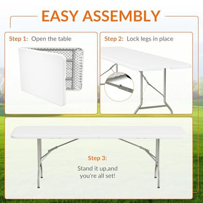 Elevon 8 Feet Heavy Duty Folding Table with Adjustable Height, Fold-in-Half Portable Table for Indoor Outdoor Use - Camping, Picnic, Party, Wedding, Dining, Utility Table - size: 8 feet