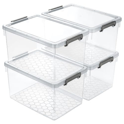 Citylife 48 Qt Ultra-Thick (3.82mm) Clear Plastic Storage Bins with Lids, 4-Pack Stackable Straight-Wall Closet Organizers with Honeycomb Base & Pinch-Free Latches for Garage, Clothes & Holiday Decor - size: 48 QT, style: 4 Pack