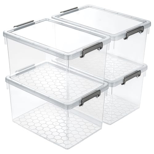 Citylife 48 Qt Ultra-Thick (3.82mm) Clear Plastic Storage Bins with Lids, 4-Pack Stackable Straight-Wall Closet Organizers with Honeycomb Base & Pinch-Free Latches for Garage, Clothes & Holiday Decor - size: 48 QT, style: 4 Pack