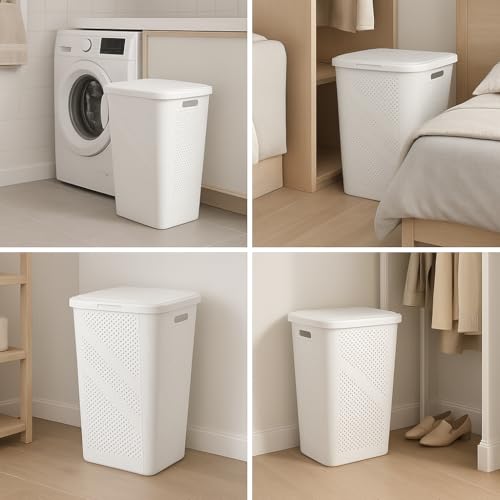 24 Inch Plastic Laundry Hamper with Hinged Lid – Space-Saving Rectangular Clothes Basket, Ventilated Design, Lightweight Laundry Organizer for Bedroom, Bathroom & Closet, White