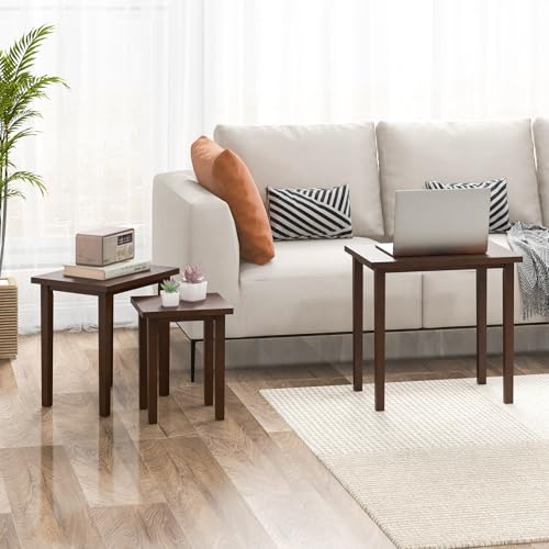 Giantex Nesting Tables Set of 3, Farmhouse Stacking Side Table with Rubber Legs, Wooden Rectangle Accent End Table, Nesting Coffee Tables for Living Room Bedroom (Walnut) - color: Walnut