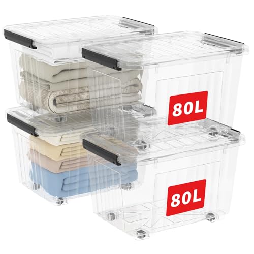 Cetomo 85Qt*4 Plastic Storage Bins, Storage Box, 4 Pack, Organizing Container with Wheels, Durable Lids and Secure Latching Buckles, Stackable and Nestable, Clear with Black Buckle - size: 80L*4