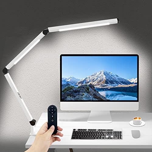 LED Desk Lamp for Home Office, Architect Clamp Desk Lamp with Remote Control, Adjustable Dimmable Swing Arm Clamp on Table Light Clip-on Dual Light 5 Brightness Levels & 4 CCT Modes - color: White+Remote