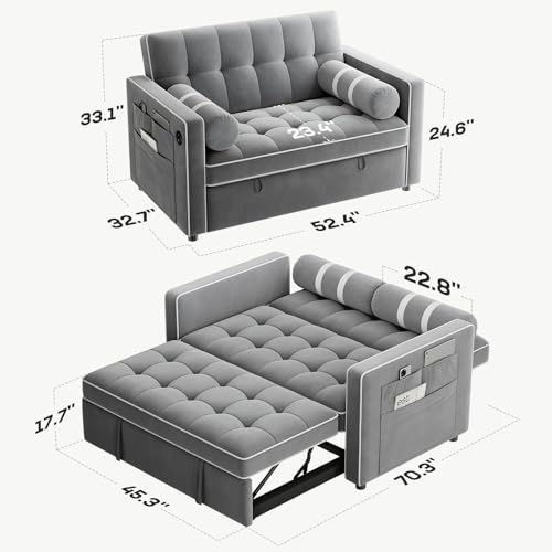 Marsail 3-in-1 Convertible Futon Sleeper Sofa Bed, Pull Out Couch with Adjustable Backrest, USB Charging & Side Pockets, Velvet Fabric Sofa for Living Room, Apartment, Loveseat, Grey - color: Grey