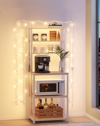 VASAGLE Coffee Bar, 23.6 Inches 6-Tier Baker's Rack with 6 Hooks | Modern Basic Microwave Stand, 23.6 x 15.7 x 65.7 Inches, Golden Oak and Cloud White, BARNET Collection UKKS024W09 - color: Golden Oak + Cloud White, size: 23.6"W, style: No Power Outlet