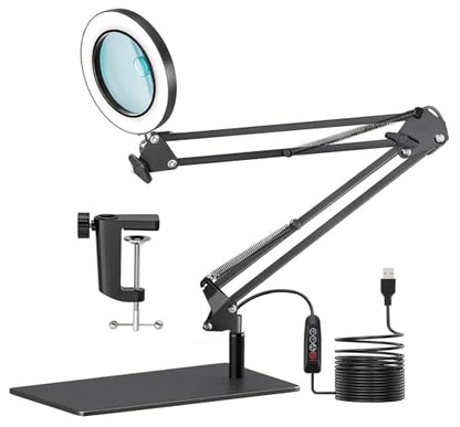 10X Magnifying Lamp with Light, HD Optical Glass Lens LED Desk Lamp, 3 Color Temperatures 6000K-3000K, 360° Adjustable Arm with Clamp & Stand, for Model Building, Soldering, Crafts, Reading, Manicure