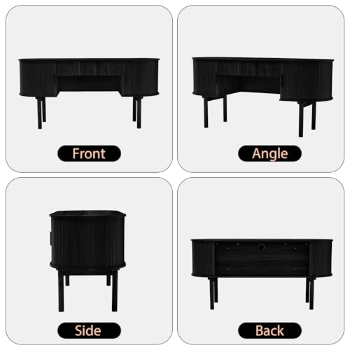 Executive Office Desk with Storage, 63 Inch Large Computer Workstation Desk with Drawer and File Cabinets, Mid Century Modern Fluted Wood Writing Desk for Home Office, Study Room, Living Room, Black - color: Black