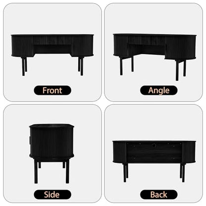 Executive Office Desk with Storage, 63 Inch Large Computer Workstation Desk with Drawer and File Cabinets, Mid Century Modern Fluted Wood Writing Desk for Home Office, Study Room, Living Room, Black - color: Black