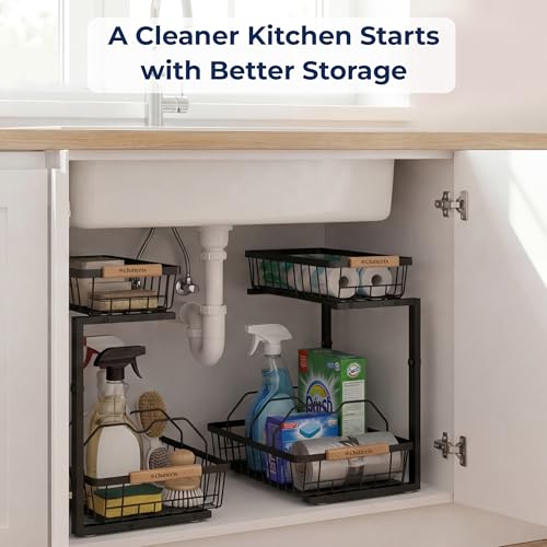 Under Sink Organizer with Motion-Activated LED Lights, 2 Pack, 2 Tier Sliding L-Shaped Carbon Steel Rack with Adjustable Height, Dividers & Hooks (Black) - color: Black