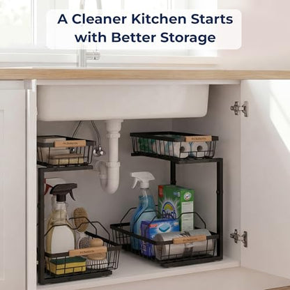 Under Sink Organizer with Motion-Activated LED Lights, 2 Pack, 2 Tier Sliding L-Shaped Carbon Steel Rack with Adjustable Height, Dividers & Hooks (Black) - color: Black
