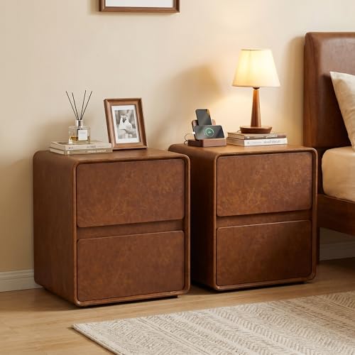 15.8" W Leather Narrow Nightstand Set of 2, Modern Fully-Assembled Bedside Table with 2 Drawers, Night Stand Small End Table & Side Table for Bedroom, Brown - color: Brown Set of 2, size: 16in
