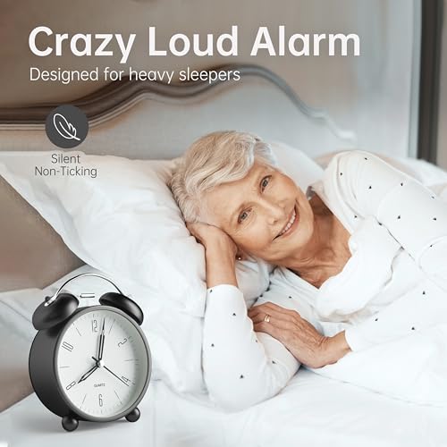 Twin Bell Loud Alarm Analog Alarm Clock, 4 inch Super Silent Non Ticking Small Clock with Night Light, Battery Operated, Simple Design, Old Fashioned, for Heavy Sleeper, Bedroom, Bedside, Desk, Black - color: Black+twin Bell