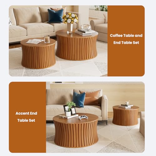 Modern Round Coffee Table Set of 2 Nesting Wood Fluted End Table Set | Drum Side Table, Circle Accent Tables, For Living Room Bedroom Balcony Office, Small Space - color: Natrual
