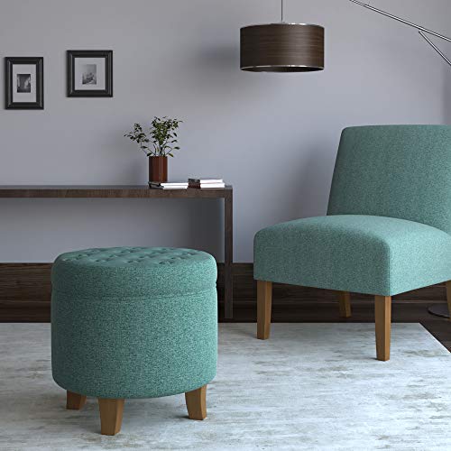 HomePop by Kinfine Fabric Upholstered Round Storage Ottoman - Button Tufted Ottoman with Removable Lid, Teal Woven - color: Teal Woven